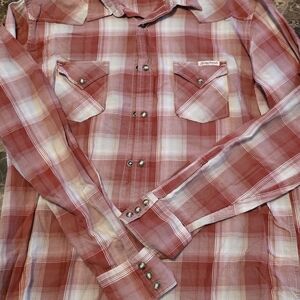 Lucky Brand Red and White Plaid Button Down Shirt Mens Large Metal Snaps.